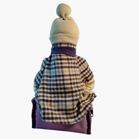 Snowman Doll Purple Plaid Coat Scarf Hat Shelf Sitter Handmade Fabric - Picture 6 of 9
